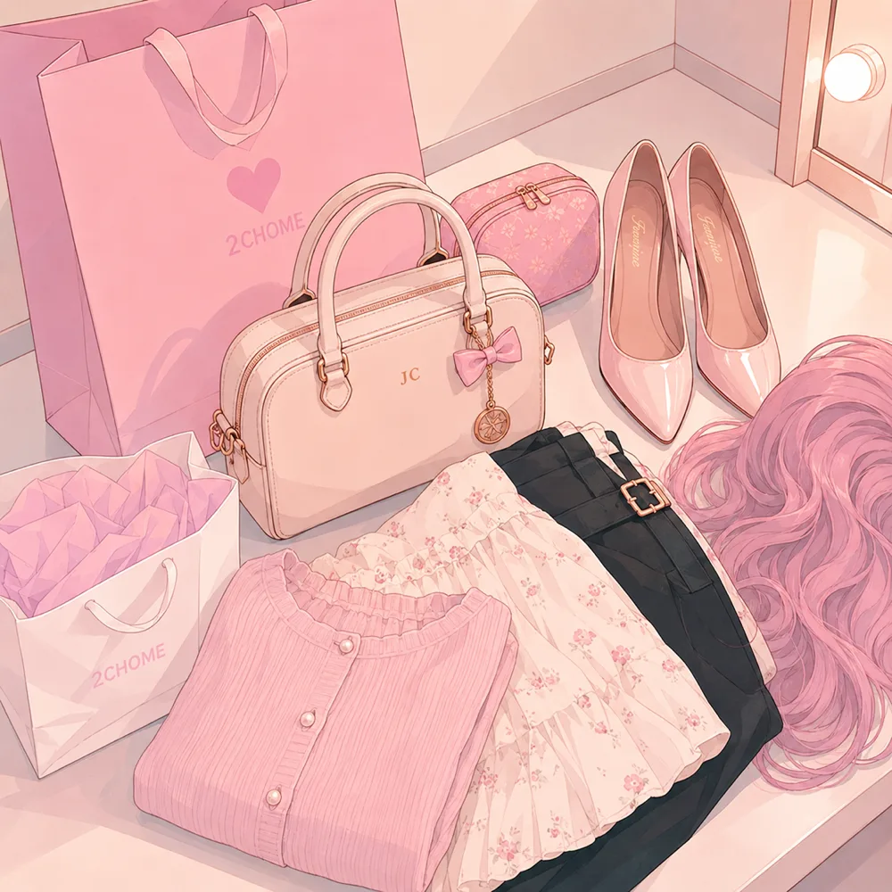 バッグにまとめた衣装・ウィッグ・靴のイラスト